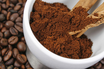 Coffee,cinnamon sticks and white cup