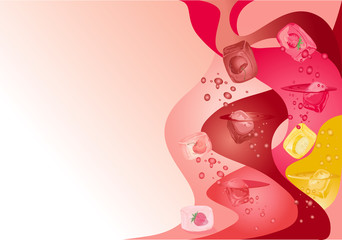 Abstract background with red fruits and banana ice cubes.