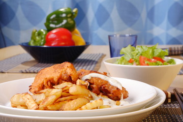 French fries and chicken