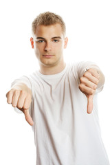 isolated portrait of a unsuccessful man with thumbs down