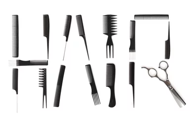 Fototapete Friseur hairdo concept, combs used to write HAIR