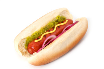 Delicious Grilled Hot Dog with mustard, sweet relish and onions