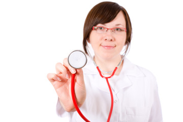 isoalted on white with red specs and stethoscope, young female d