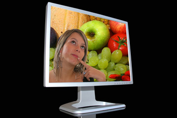 Lcd monitor with girl and fruits background