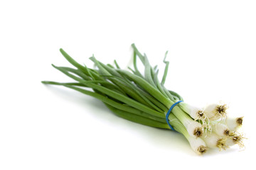 Obraz premium Fresh spring onions on white background