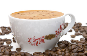 Cup of coffee and grains over white (series Glass, Cup, Drink)