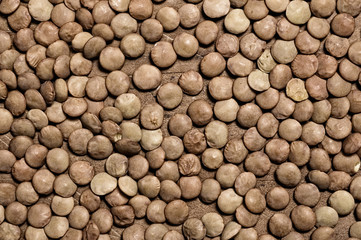 Lentils on wooden table.