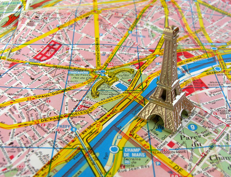 Eiffel tower on Paris map