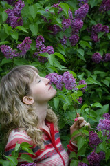 Naklejka premium The girl smells a lilac