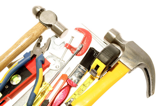 Assortment of tools over white