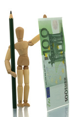 Manikin with pencil and money