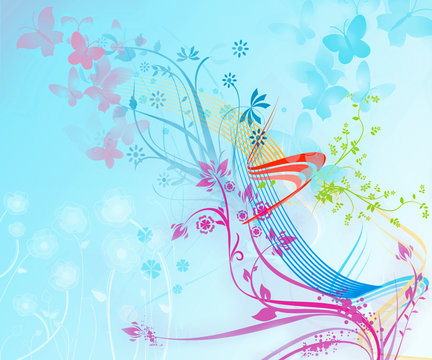 abstract floral blue baground with butterfly