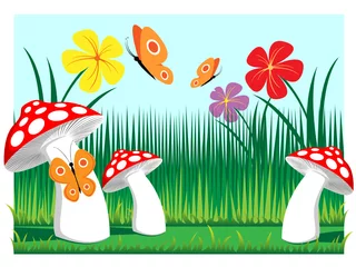 Washable wall murals Magic World meadow mushrooms with butterflies and flowers