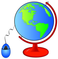 earth on globe stand connected to computer mouse 