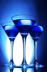 Three blue cocktails close up