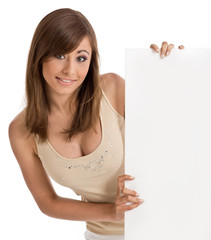 beautiful girl holding white billboard for you text