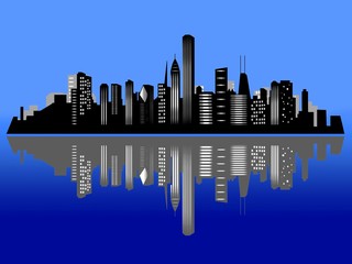 Chicago night city skyline and its reflection on water
