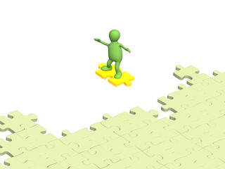 Fototapeta premium 3d person puppet sliding on slice puzzle