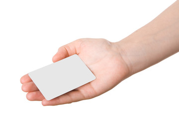 Obraz premium Hand holdind a business card isolated on white background..