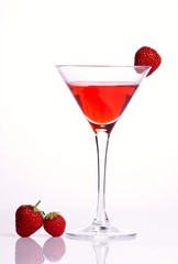 Red cocktail with strawberries on white background