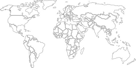 World map, contours only on White background. (Vector)