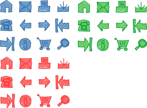 Colorfull hand drawn scribbled sketchy web icons (Vector)