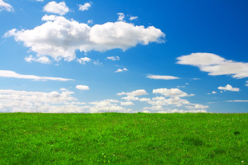 Fototapeta na wymiar Green hill under blue cloudy sky