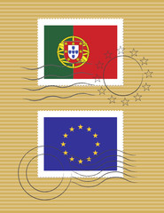 Portuguese and European Union flags on a stamp with postmarks