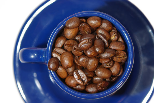 blue espresso cup with coffee beans