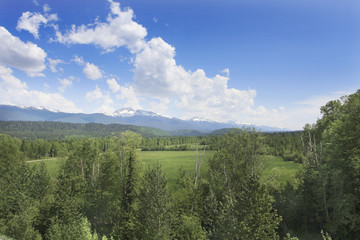 439 Cloudscape with grassland, trees, and mountains