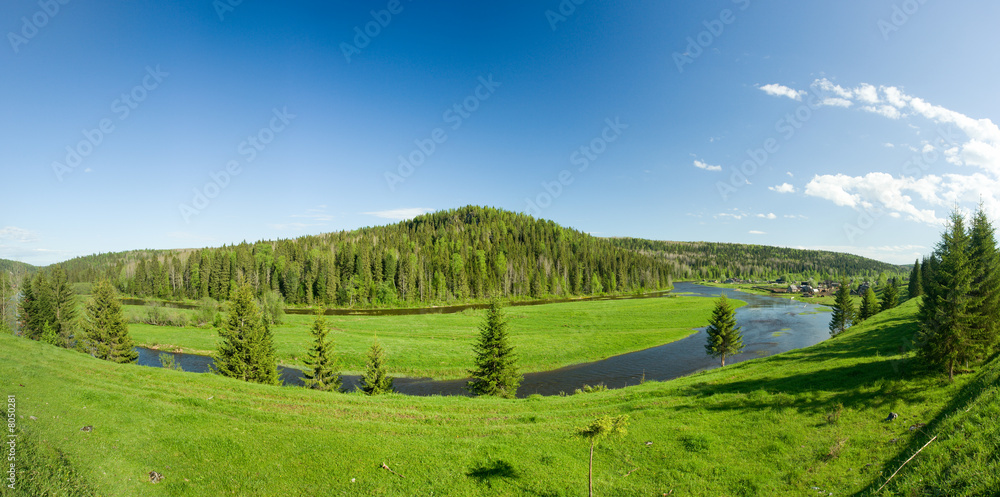 Wall mural summer landscape. village on the river. panorama.