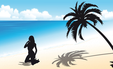 silhouette de femme sur une plage deserte - 8058042