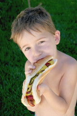 boy eating a hot dog