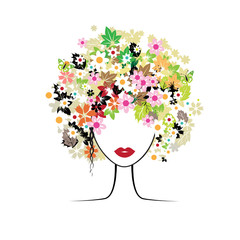 Visage de femme, coiffure florale