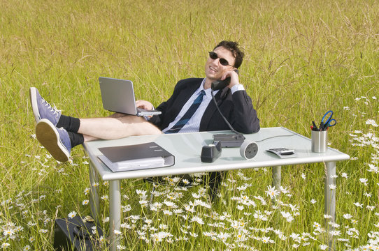 B&uuml;ro auf der Wiese, Chef telefoniert