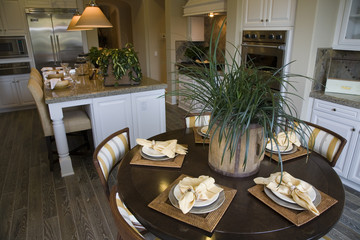 Luxury home dining room and kitchen.