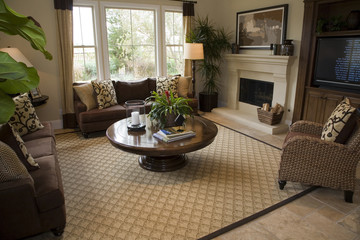 Spacious living room with a fireplace.