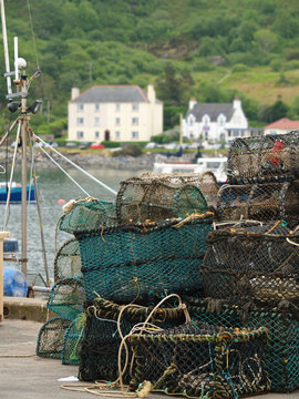 Lobster pots on Scottish quayside