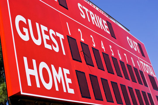 Red Baseball Scoreboard. Cropped. Low View/Angle.