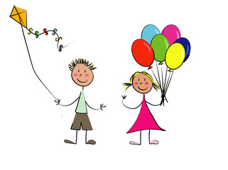 couple d'enfant cerf-volant et ballons