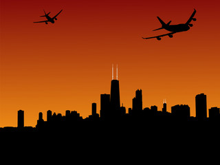 Fototapeta na wymiar planes leaving Chicago at sunset