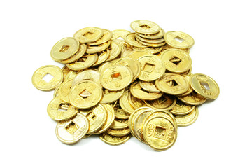 Ancient Golden Chinese Coins in a Pile