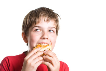 The boy eating a hamburger.