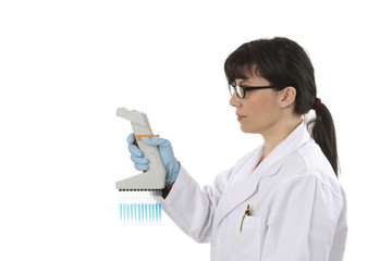 Scientist with multichannel pipettor