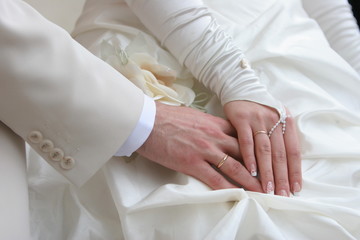 Bride and groom hands with golden rings