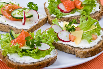 Whole grain bread, vegetables ,white cheese and salmon