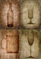 Grunge illustration with bottle and glasses, vintage stylized