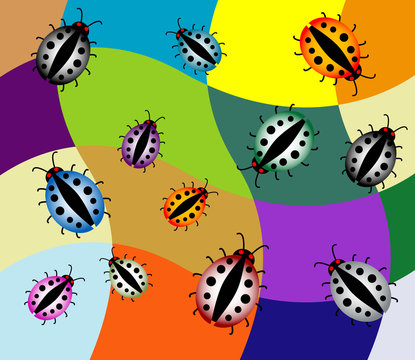 Colored illustration with various ladybirds