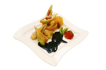 Fruit dessert with the chocolate