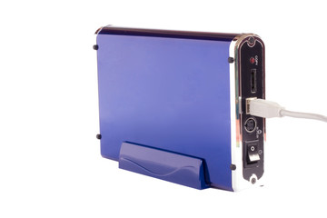 An external hardrive in a blue case